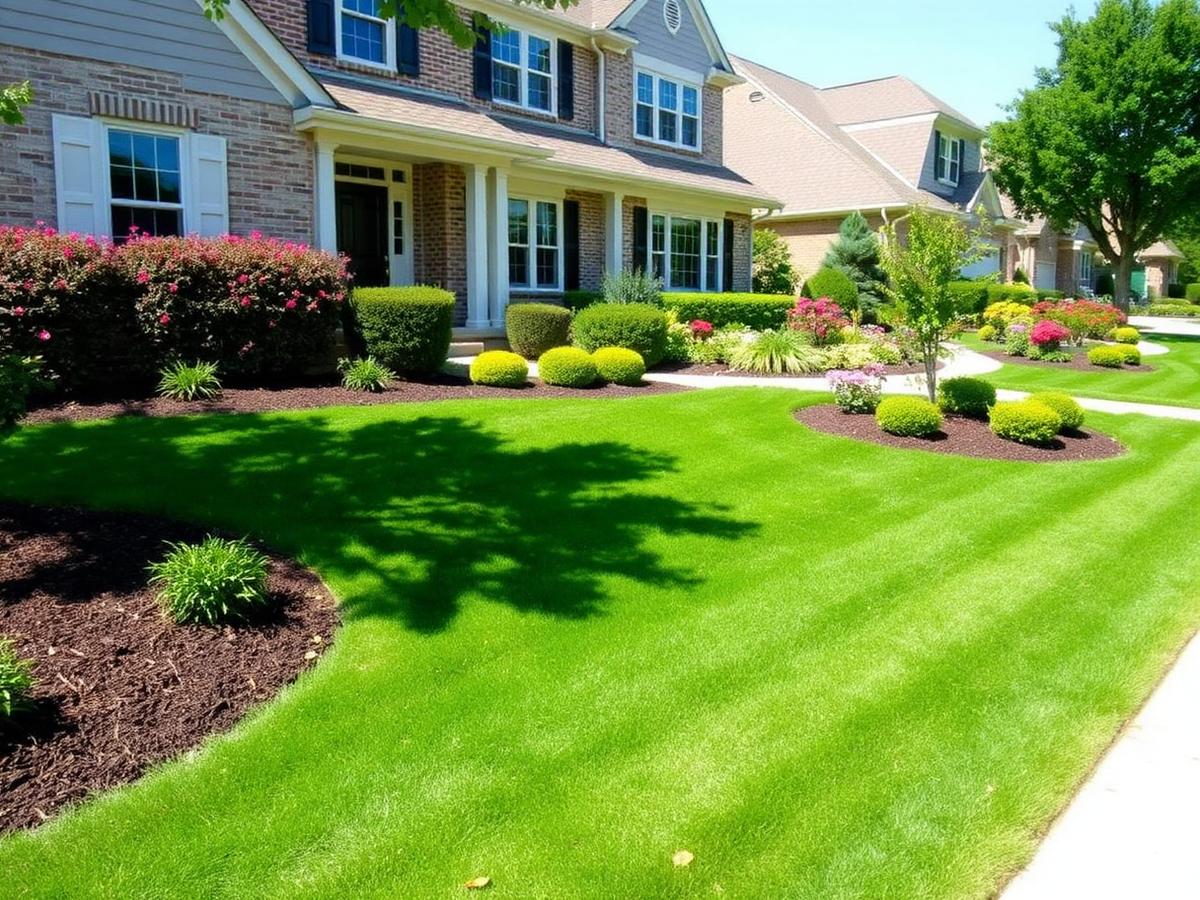 Pristine green lawn and fresh mulch beds in front of a Chicago home