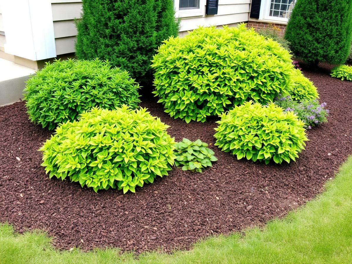 Fresh mulch installation around shrubs along a home foundation