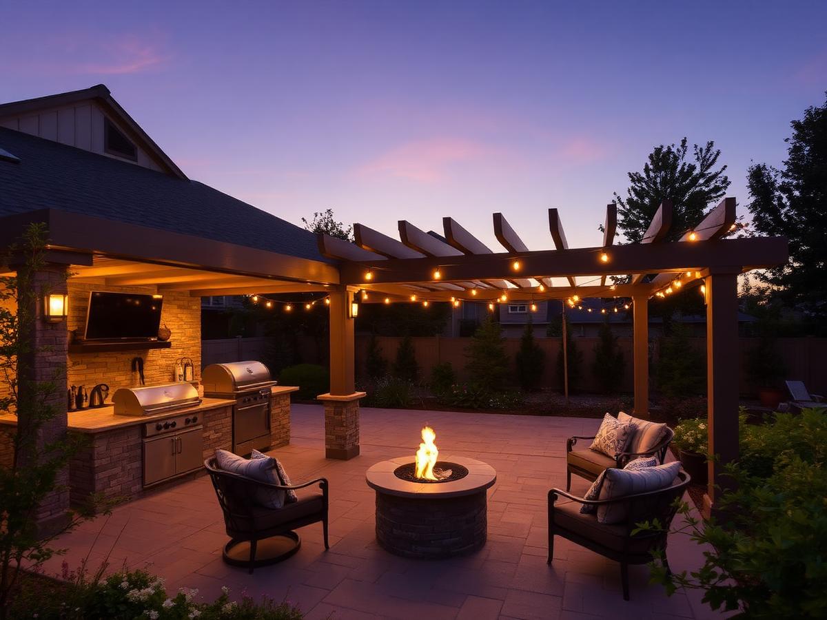 Outdoor living space with pergola, fire pit and kitchen at dusk