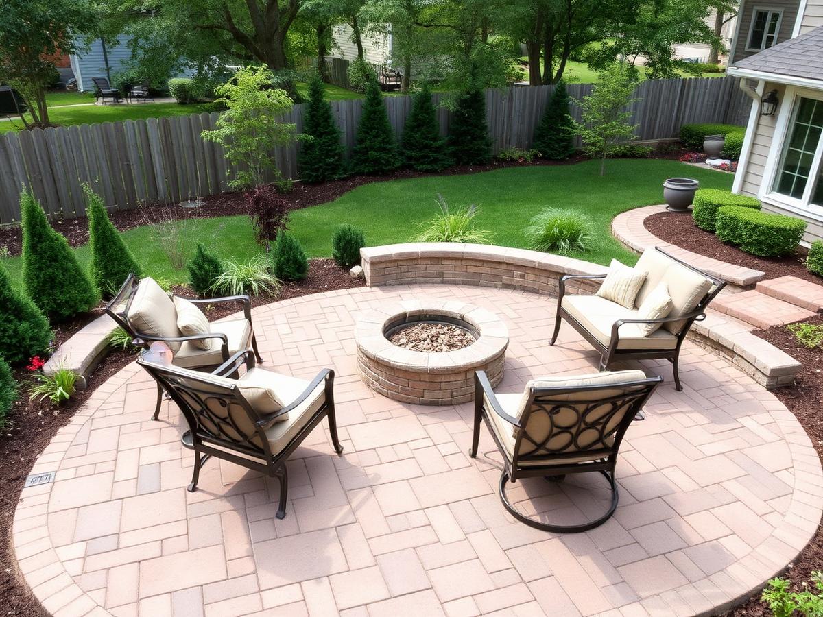 Custom paver patio with fire pit in a Chicago suburban backyard