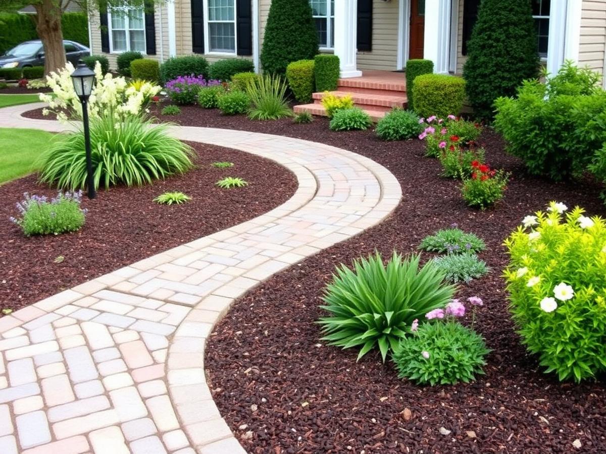 Curved paver walkway through a landscaped front yard