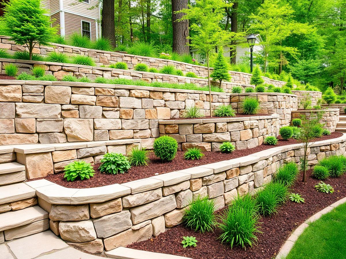 Tiered natural stone retaining wall with landscaping